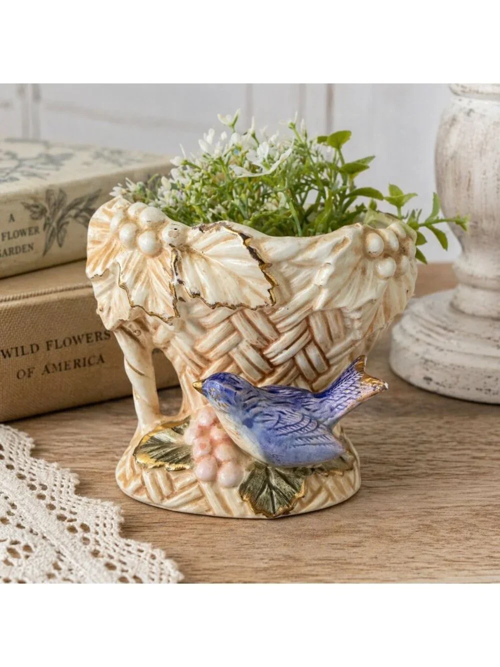 Vintage Norleans Ceramic Bud Vase – Wicker Basket with Bluebird – 4.5 x 3 in – J